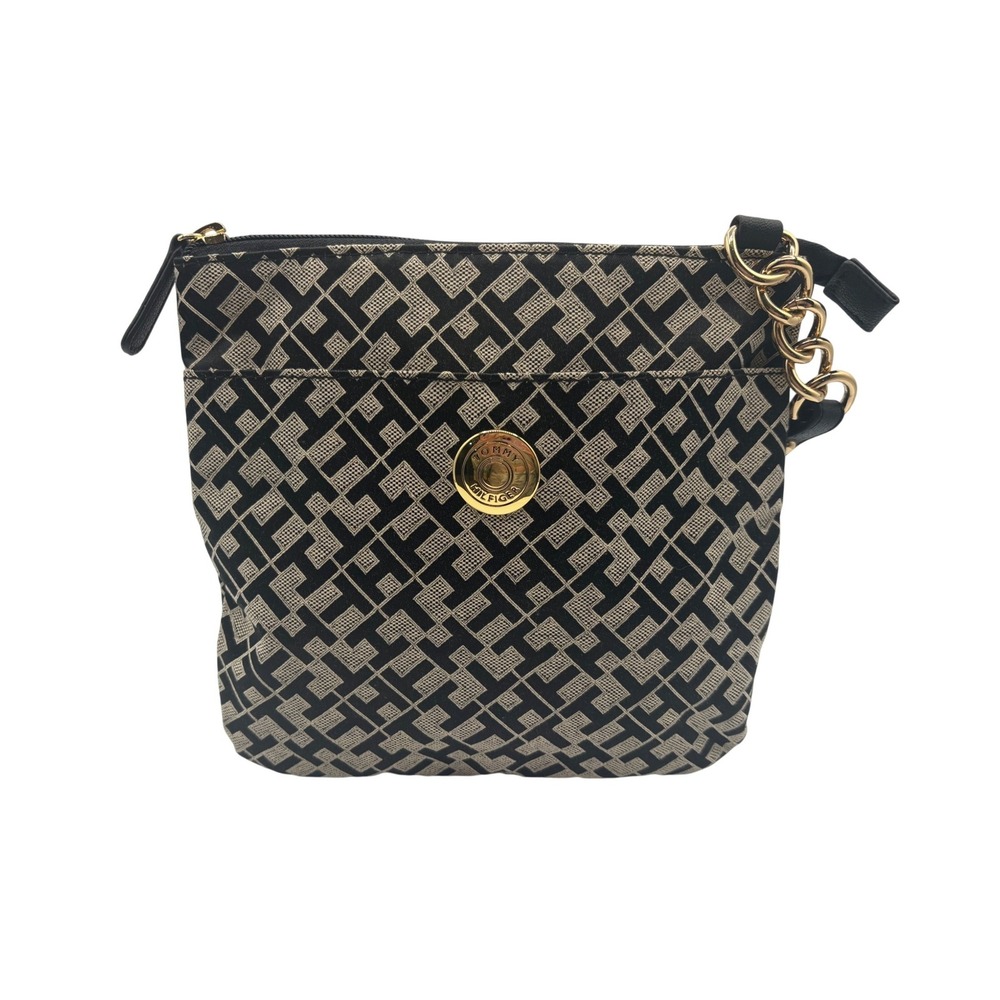 Tommy Hilfiger Crossbody Bag Womens‎ Small Black Tan Excellent Monogram Jacquard